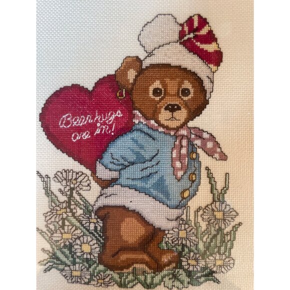 Teddy Bear Hugs Are In Cross-Stitch Art In Wood Frame Glass 11x11 - Picture 1 of 7